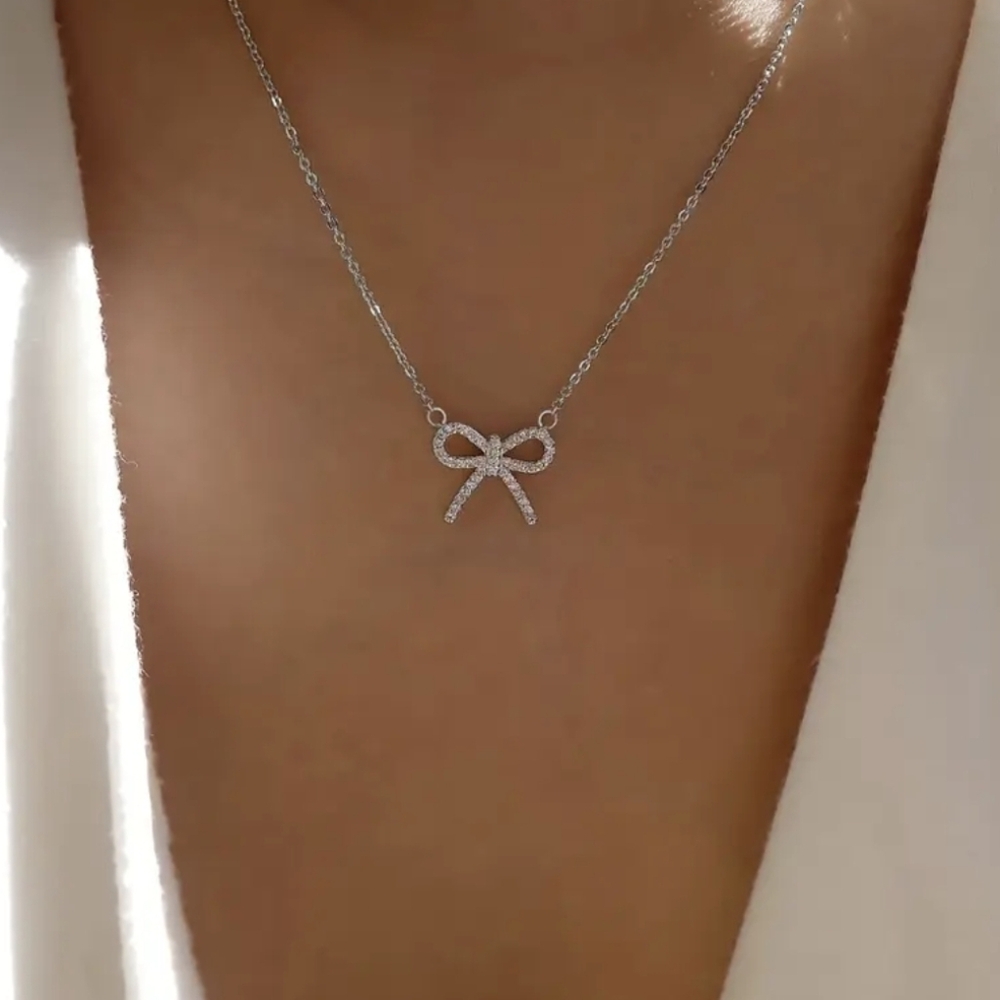NEW Silver Dainty Coquette Style Chain Necklace w/ Sparkly Bow Charm
